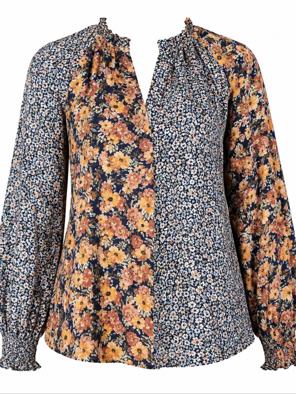 UMGEE | Boho Cottagecore Orange Blue Mixed Floral Long Sleeved Top Blouse | M